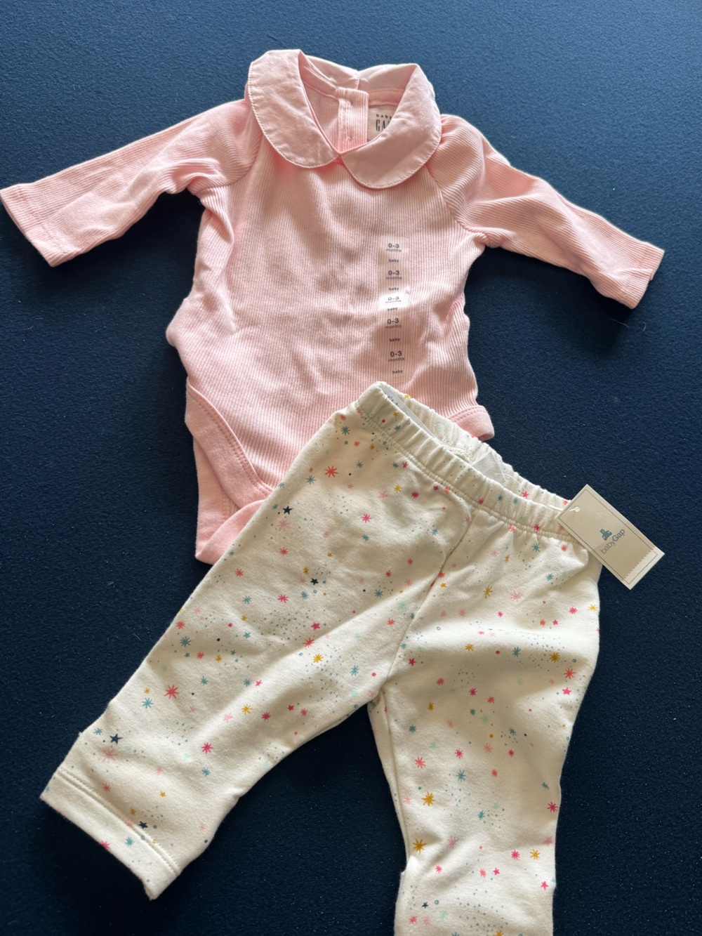 BABYGAP Pink Ribbed Long-Sleeve Top w/rounded collar+Cream Star-Print Pants NEW🩷
